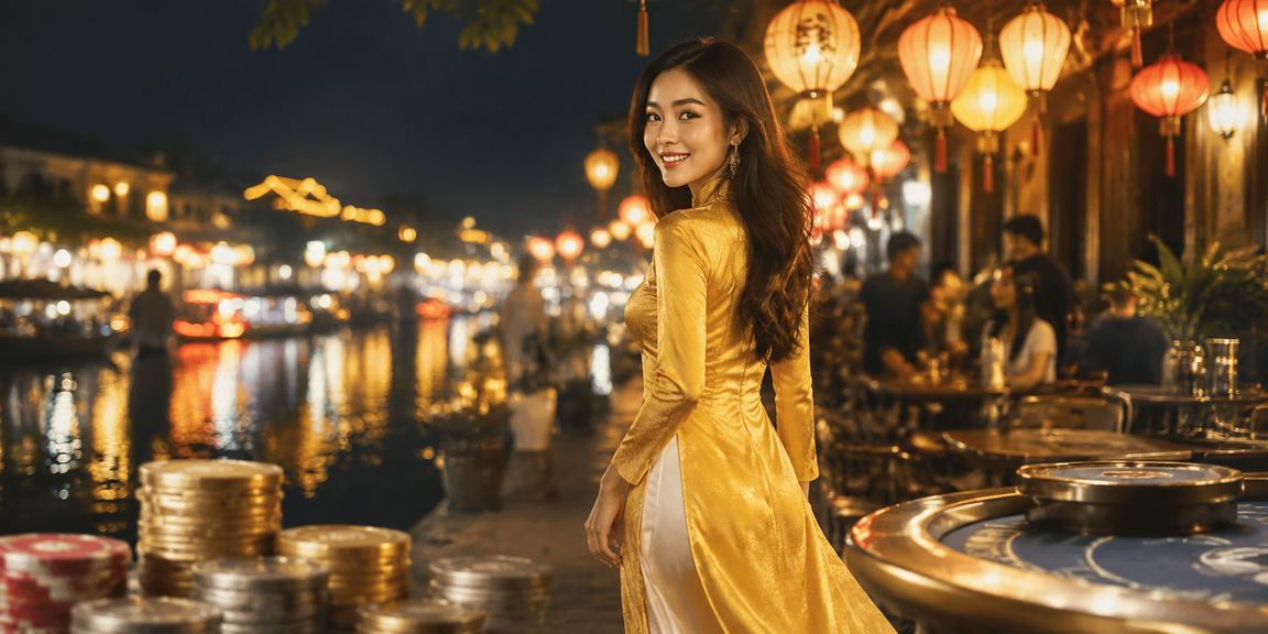 Người dùng tại Hội An đặt cược thể thao qua điện thoại với trang phục áo dài truyền thống